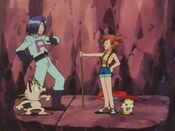 Misty draws a line for Meowth and James not to cross it over