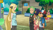 Cynthia with Ash, Iris and Cilan