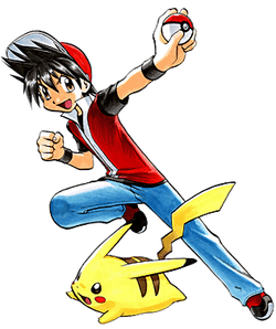 A POKéMON Trainer with a red jacket on a black T-shi