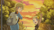 Clemont and Bonnie waving goodbye to the Pokémon