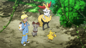 Clemont with Pikachu, Braixen and Bunnelby