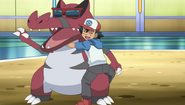 Ash hugging Krookodile after his victory against Dragonite