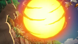 Kiawe's Charizard using Inferno Overdrive.