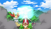 Eevee uses Protect to defend Serena and her Pokémon