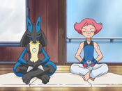 Maylene and Lucario meditate