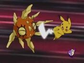 Solrock gets hit by Pikachu's Iron Tail