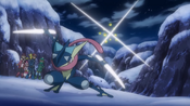 Greninja stopping Gourgeist's Seed Bomb with Cut