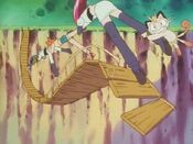 Team Rocket and the heroes hold on the bridge