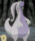 Goomy first appeared when it landed on Ash's head after getting flown away from its home by a Swanna. Goomy is a shy and timid Pokémon and whenever it sees Clemont's Dedenne, it always goes and hides. However despite being cowardly, it does possess some intense strength and uses Rain Dance to build up its powers. Goomy first decided to travel with Ash after he defended it from Team Rocket. Goomy later evolved into Sliggoo during a battle against Team Rocket and a wild Grumpig. Sliggoo later evolved into Goodra in order to save its Trainer and his friends from a wild fire caused by Team Rocket. Sometime after saving the marshlands from Team Rocket, Ash released Goodra so it can remain with its companions. However, by the time of the Lumiose Conference, Goodra decided to return to Ash, to which it rejoined Ash's lineup for the Pokémon League. At the end of the Team Flare Arc, Ash returned Goodra to the wetlands and promised to see it again one day.