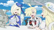 Lillie with Gladion, Lusamine and their Pokémon