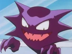 Ash met Haunter in The Tower of Terror in the Pokémon Tower in Lavender Town. It, with several other Ghost Pokémon played with Ash after he had been trapped under a chandelier. However after Ash returned to his body, Haunter agreed to join Ash's team to battle Sabrina's Psychic Pokémon. Once it got to Saffron City, it disappeared but eventually returned to battle. However it was much more interested in joking about and immobilizing Sabrina's Kadabra and thus Ash decided to leave Haunter with Sabrina. Haunter's Moves: Lick.