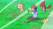 Ash and his Pokémon get blown by the wind