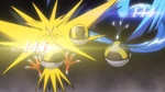 On his journey to complete the Pokédex, Red ran into the legendary bird, Zapdos. He used Tauros to battle and capture the legendary bird in an Ultra Ball.