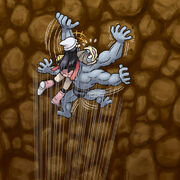 Machamp climbing rocky wall