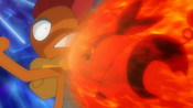 Scrafty gets hit by Flame Charge