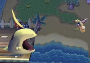 Gulpin spitting out Toon Link on the Smashville stage.