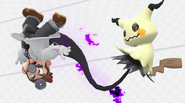 Mimikyu grabbing Dr. Mario on the PictoChat stage.