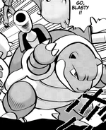Green stole this Pokémon at the lab when it was a Squirtle. When it evolved into Blastoise, it was Green's most powerful Pokémon. Green uses this Pokémon to surf across waters. Also to fly because of her fear of flying Pokémon due to being kidnapped by Ho-Oh as a young girl.