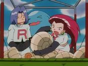 Jessie and Meowth argue about Omanyte and Omastar