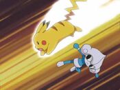 Copying Pikachu's tactics, Meditite dodges Quick Attack