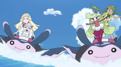 Lillie, Mallow and Pokémon partners surfing