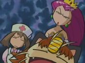 Meowth, Jessie and May doubt Sigourney and his book