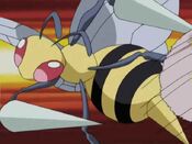 The Beedrill gets hit by Forretress' Rapid Spin