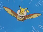 Noctowl carries Pikachu to the balloon