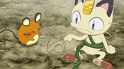 Meowth explaining to Dedenne what a Kago Berry is