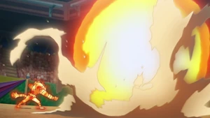 Professor Kukui's Incineroar using Inferno Overdrive.