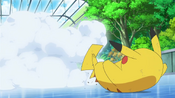 Pikachu is blown away from the explosion