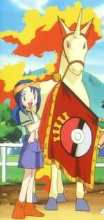 When Lara was hurt, Ash filled in the race, using her Ponyta, which evolved into Rapidash, and won.