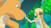 Cynthia calms Dragonite down