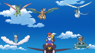 Mallow on Ride Flygon, Kiawe on Ride Charizard, Lana on Ride Dragonair, Lillie on Ride Altaria, Ash on Ride Garchomp, and Sophocles on Ride Metang