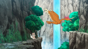 A Fearow appears, scaring Rockruff into falling off the side