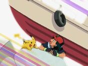 The agent's boat flies off, across Mr. Briney's ship, behind Ash and Pikachu