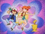 Ash, Misty and Pikachu are confused by the town's name