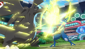 Ash-Greninja blocks Mega Charizard's Thunder Punch with Water Shuriken