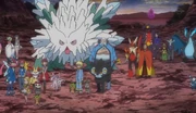 Diantha, Mega Gardevoir, Alain, Mega Charizard, the gang and the Gym Leaders with their Pokémon, watching the sun rise.
