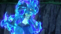 Ash's Lucario surrounded in Aura.
