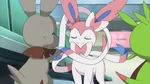 Bunnelby bidding farewell to Sylveon before Sylveon, Serena, Braixen and Pancham go to Hoenn