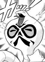 Arbok is used primarily by Agatha during the battle with Blue and Koga on Cerise Island. It has a unique ability to alter the pattern on its crest, which in turn can increase the speed and lethality of its attacks. There is also a specific pattern that can give Arbok an invulnerability to poison-based attacks, a trait which proves useful in the fight against Koga. However, it was defeated when Koga ordered his Golbat to use Leech Life, with his blood as the catalyst, which blotted out the pattern on its crest.