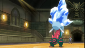 Ash's Dracovish finishes Iris' Dragonite with Ice Fang and spits out into the ground