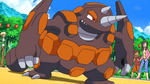 Palmer's Rhyperior battles Ash's Grotle at the Twinleaf Festival. He is very powerful. He defeated Grotle with its powerful Rock Wrecker.