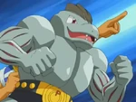 The captain owned a Machoke, who would help him in certain tasks. When Ash reported his Pikachu was missing, the captain and Machoke encountered Team Rocket, who sent Arbok and Weezing to attack Machoke. In the battle, a container got damaged, releasing the water, though the Machoke saved the captain, who contacted others about the damage.