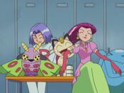 James, Meowth and Wobbuffet massaging Jessie and Dustox before the next round