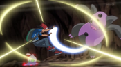 Ash takes Grumpig's Iron Tail attack