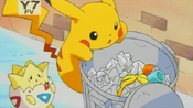 Pikachu searches in the garbage can