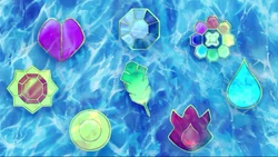 The complete set of  the eight Gym Badges of the Kanto region in ""