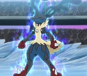 Ash's Mega Lucario using Aura to sense Mr. Rhime's movements.